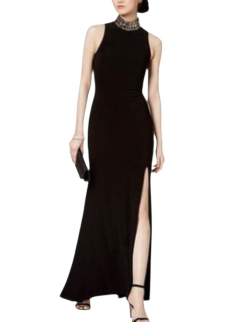 Betsy & Adam Black Sleeveless Evening Gown with Beaded High Neck and Side Slit